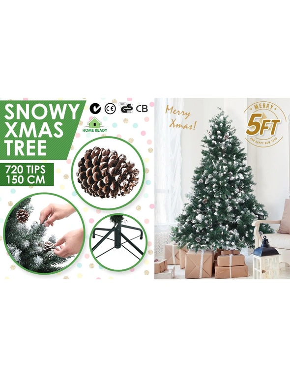 Home Ready Snowy Christmas Tree Xmas Pine Cones 5Ft 150cm 720 tips - Green, hi-res image number null
