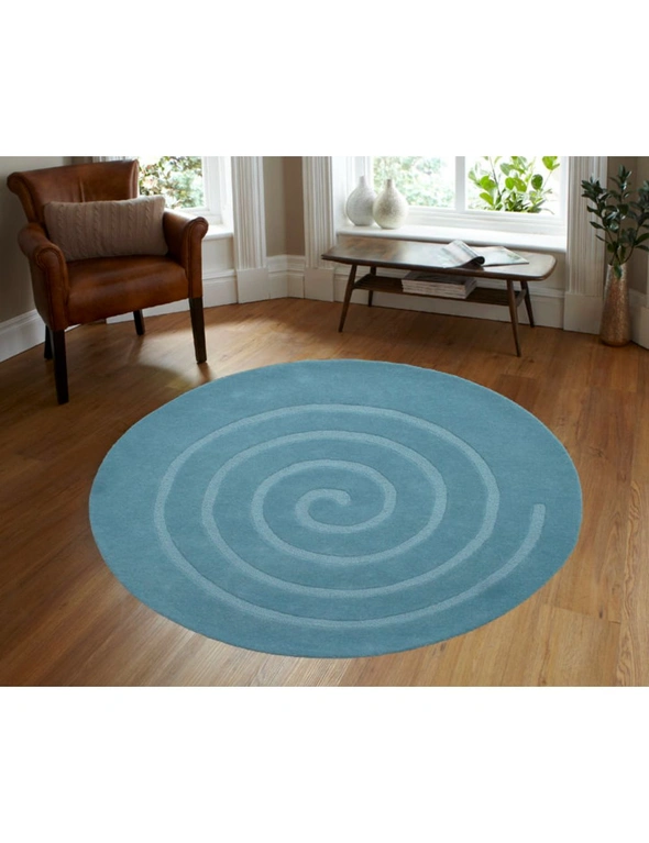 Handmade Round Wool Rug - Swirl - Aqua, hi-res image number null