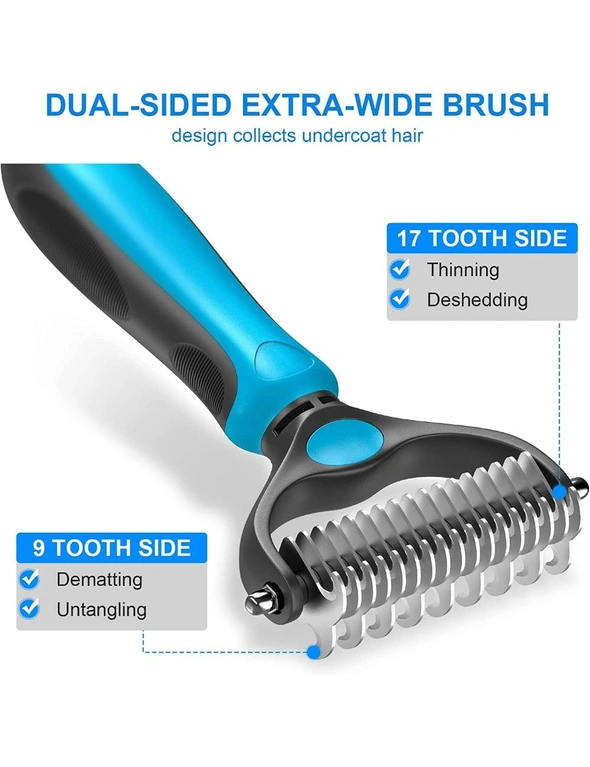 Grip Pet Grooming Brush Double Sided Shedding Dematting Rake Comb Dogs Cats Mats Tangles Removing Extra Wide Safe Effective Comfort Grip, hi-res image number null
