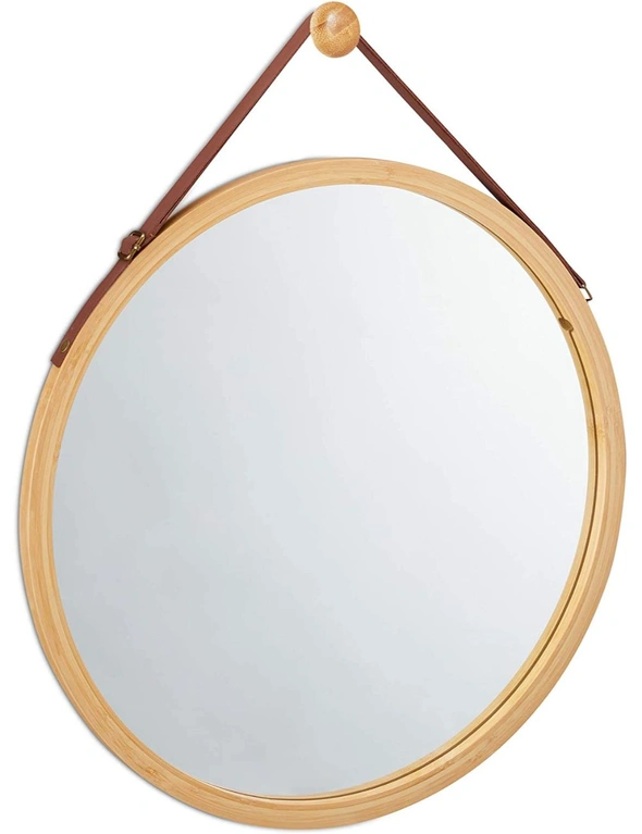 CARLA HOME Hanging Wall Mirror 38cm - Solid Bamboo Frame and Adjustable Leather Strap for Bathroom and Bedroom, Vanity Mirror, Makeup Mirror, Face Mirrors, Wall Shelf Mirror (Round 38 cm), hi-res image number null