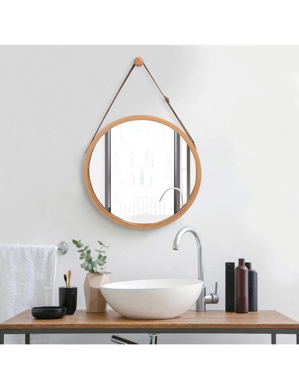 CARLA HOME Hanging Wall Mirror 45cm - Solid Bamboo Frame and Adjustable Leather Strap for Bathroom and Bedroom, Vanity Mirror, Makeup Mirror, Face Mirrors, Wall Shelf Mirror (Round 45 cm), hi-res image number null