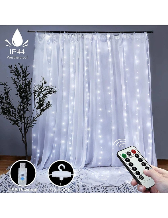 300 LEDs Window Curtain Fairy Lights 8 Modes and Remote Control for Bedroom (Cool White, 300 x 300cm), hi-res image number null