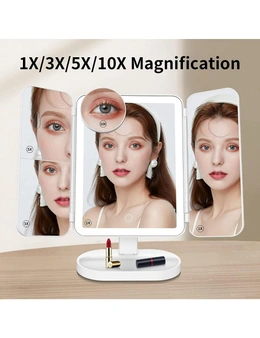 Rechargeable Trifold Makeup Mirror, 74 LED Lights, 1X/3X/5X/10X Magnifying, Cordless Lighted, 90°and 180° Free Rotation