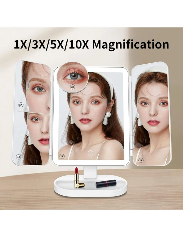 Rechargeable Trifold Makeup Mirror, 74 LED Lights, 1X/3X/5X/10X Magnifying, Cordless Lighted, 90°and 180° Free Rotation, hi-res image number null