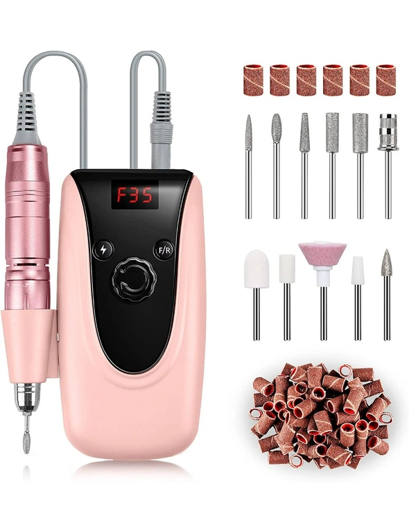 Rechargeable Nail Drill Machine 35000rpm Portable Electric File Acrylic Gel Nails Manicure Pedicure Polishing Tools Display Screen Pink, hi-res image number null