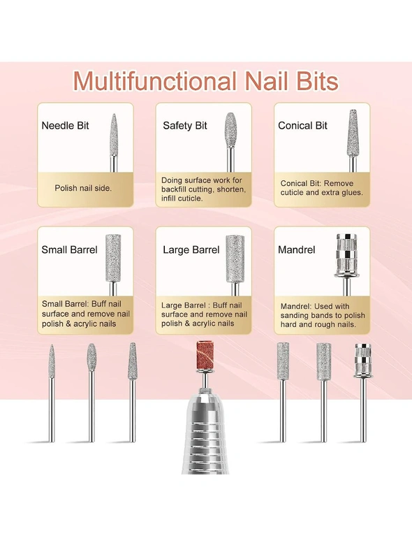 Rechargeable Nail Drill Machine 35000rpm Portable Electric File Acrylic Gel Nails Manicure Pedicure Polishing Tools Display Screen Pink, hi-res image number null