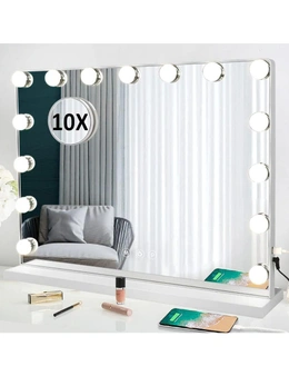 LED Vanity Mirror with Lights, USB Touch Control, 15 Dimmable Bulbs, 3 Color Modes, 10x Magnifying Mirror (White)