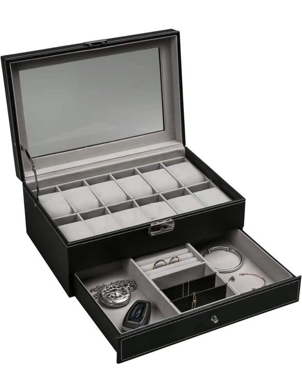 12 Slot PU Leather Lockable Watch and Jewelry Storage Boxes (Black), hi-res image number null