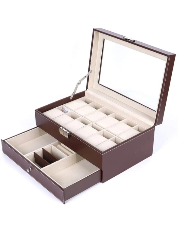 12 Slot PU Leather Lockable Watch and Jewelry Storage Boxes (Brown), hi-res image number null