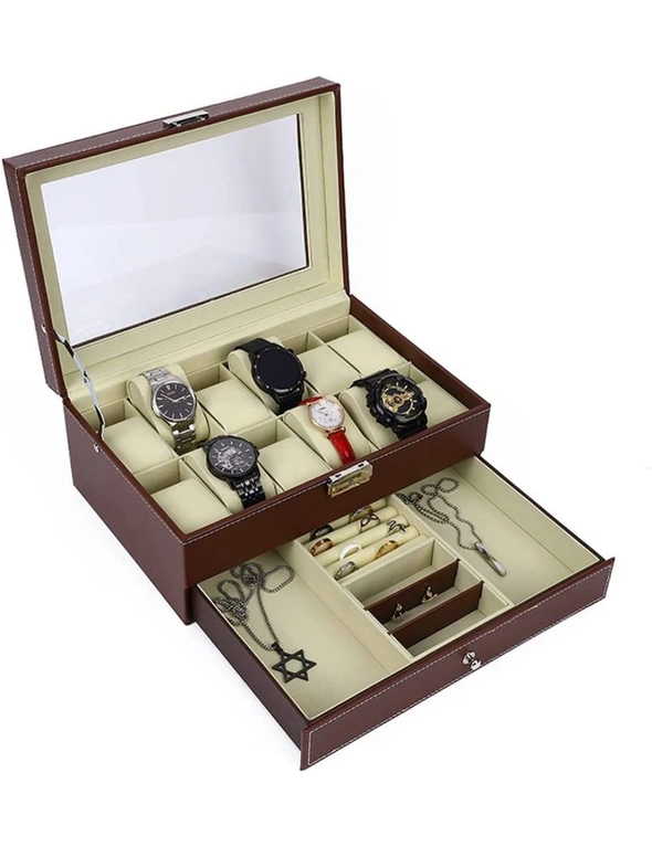 12 Slot PU Leather Lockable Watch and Jewelry Storage Boxes (Brown), hi-res image number null