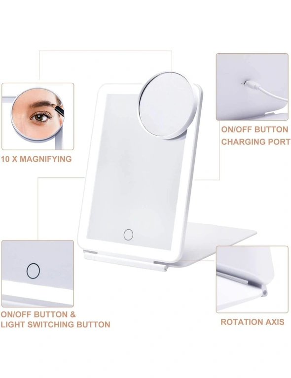 Travel Makeup Mirror 10X Magnifying 80 LED Lights 3-Color USB Rechargeable Folding Touch Screen Vanity Mirror Makeup Travel Outing White, hi-res image number null