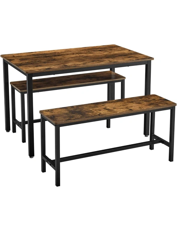 Rustic Brown and Black Industrial Style 3-Piece Dining Table Set with 2 Benches - 110 x 70 x 75 cm Table, 2 x 97 x 30 x 50 cm Benches, hi-res image number null