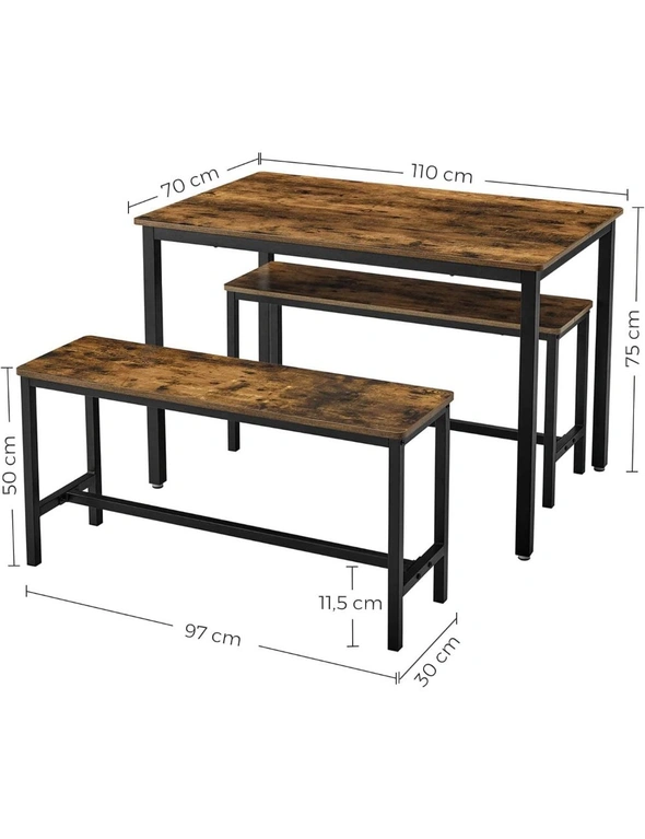 Rustic Brown and Black Industrial Style 3-Piece Dining Table Set with 2 Benches - 110 x 70 x 75 cm Table, 2 x 97 x 30 x 50 cm Benches, hi-res image number null