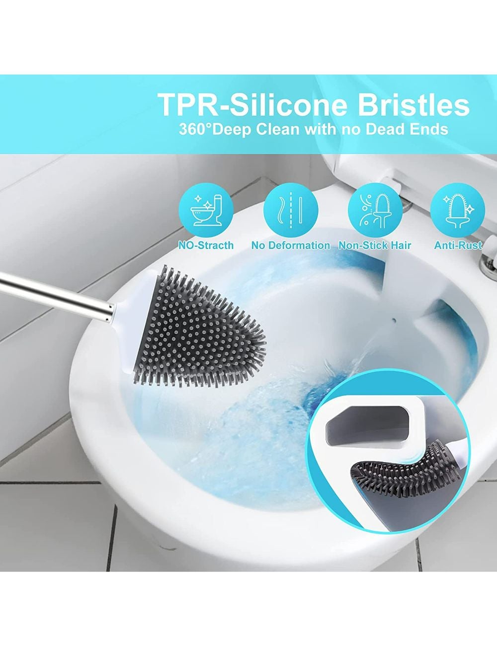 Wall Mounted Toilet Brush Holder Set Anti Rust Silicone Bristles Tweezer  Stainless Steel Handle Bathroom Storage Household