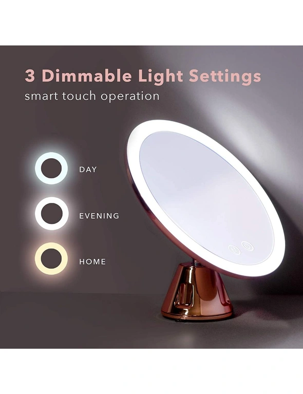 10X Magnifying Makeup Mirror LED Lighted Rechargeable, 3 Light Settings, Suction Mount, 20cm Wide Rose Gold, hi-res image number null