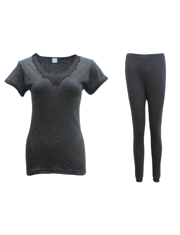 Zmart New Women's 2PCS SET Merino Wool Short Sleeve Top Shirt Thermal Leggings Pajamas, hi-res image number null