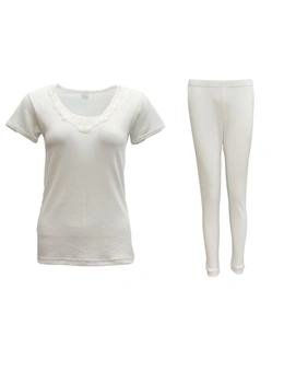 Zmart New Women's 2PCS SET Merino Wool Short Sleeve Top Shirt Thermal Leggings Pajamas