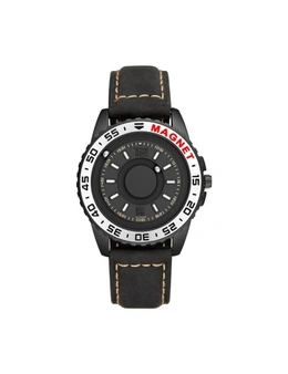 Zmart Mens Unisex Magnetic Quartz Cascual Sports Black Silver Wrist Watch Leather Band