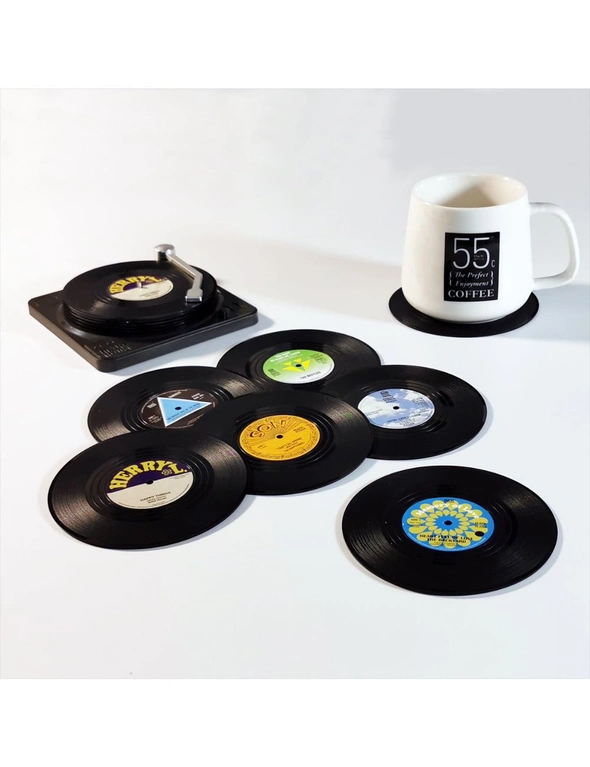 Zmart 6x Creative Vinyl Record Cup Coasters w Holder Glass Drink Tableware Home Décor, hi-res image number null
