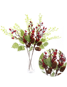 Zmart 4x52cm Christmas Artificial Flower Holly Red Berry Pine Cone Green Leaves Branch