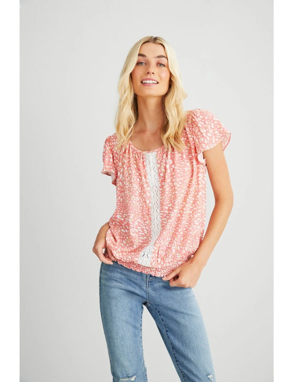Emerge Short Sleeve Lace Detail Shirred Waist Top, hi-res image number null