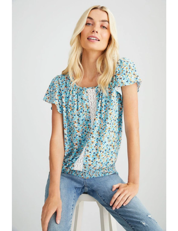 Emerge Short Sleeve Lace Detail Shirred Waist Top, hi-res image number null