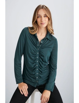 Emerge Long Sleeve Ruched Button Front Knit Top