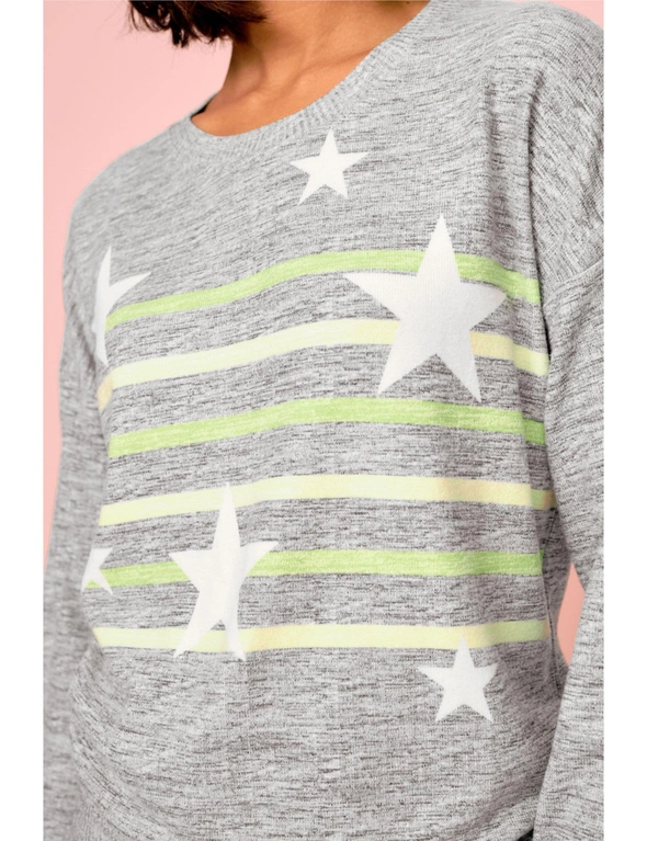 Grey/Lime Green Animal Stripe Long Sleeve Cosy Lightweight Jumper, hi-res image number null