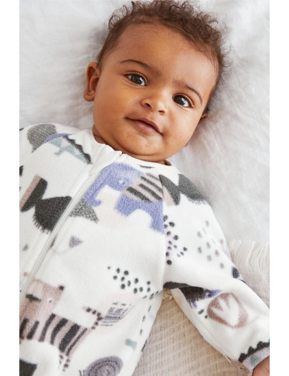 Cream and Grey Animal Baby Fleece Sleepsuit, hi-res image number null