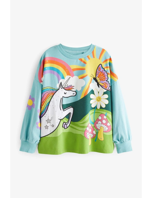 Blue/Green Blue Rainbow Sequin Unicorn Long Sleeved Cuffed Top, hi-res image number null