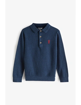 Navy Blue Long Sleeve Knitted Plain Polo Shirt