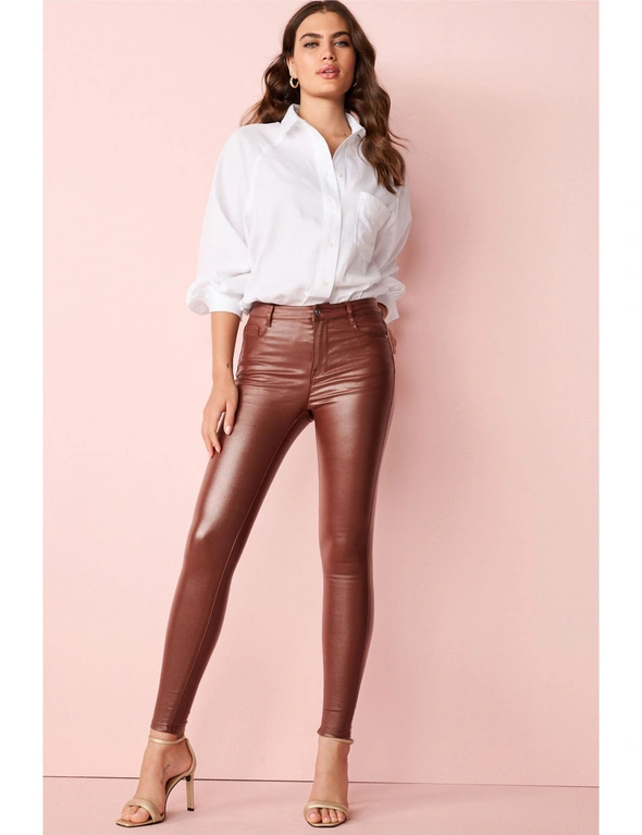 Rust Brown Glittered Coated Skinny Jeans, hi-res image number null