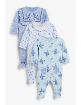 Blue Frill Baby Embroidered Detail Sleepsuits 3 Pack