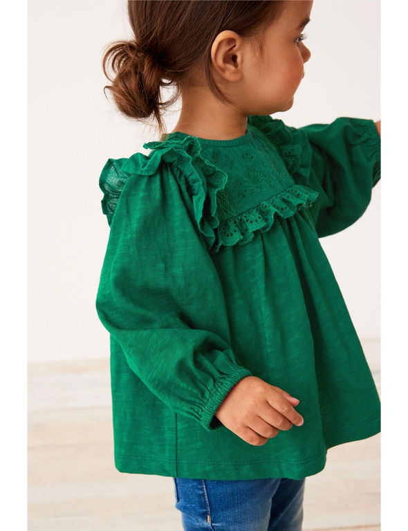 Green Lace Trim Cotton Blouse, hi-res image number null