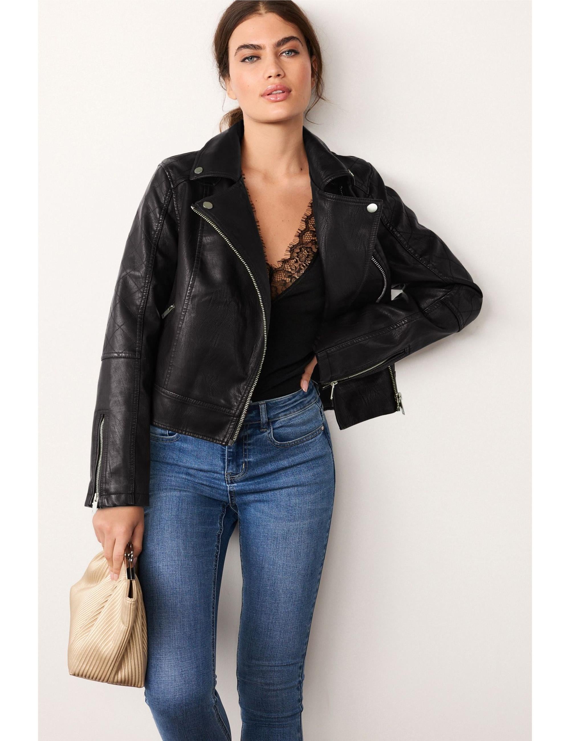 Black Faux Leather Biker Jacket | EziBuy Australia