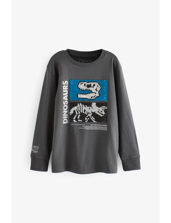 Charcoal Grey Dino Sequin Long Sleeve T-Shirt, hi-res image number null