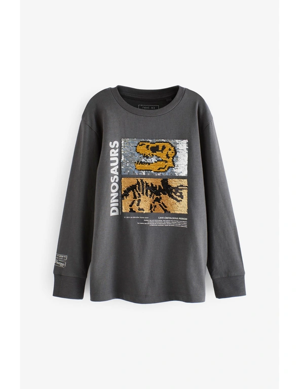 Charcoal Grey Dino Sequin Long Sleeve T-Shirt, hi-res image number null