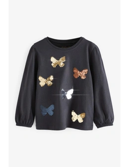 Charcoal Grey Butterfly Sequin Long Sleeve T-Shirt