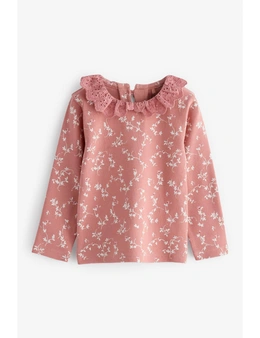 Pink Ditsy Brushed Broderie Collar Top