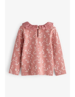 Pink Ditsy Brushed Broderie Collar Top