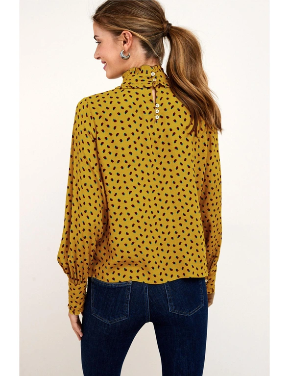 Ochre Yellow Ditsy High Neck Ruffle Top, hi-res image number null
