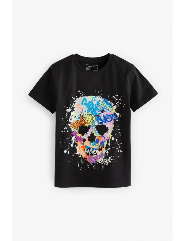 Black Graffiti Skull Short Sleeve Graphic T-Shirt, hi-res image number null