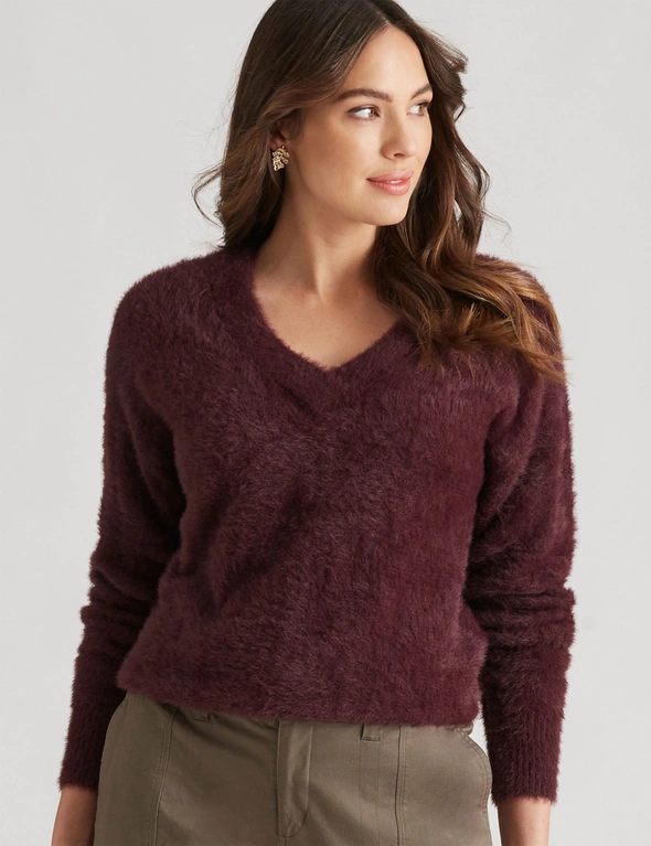 Katies Long Sleeve V Neck Hairy Knit Jumper, hi-res image number null