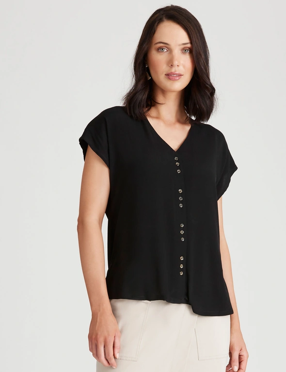 Katies Knitwear Back Woven Front Button Top, hi-res image number null
