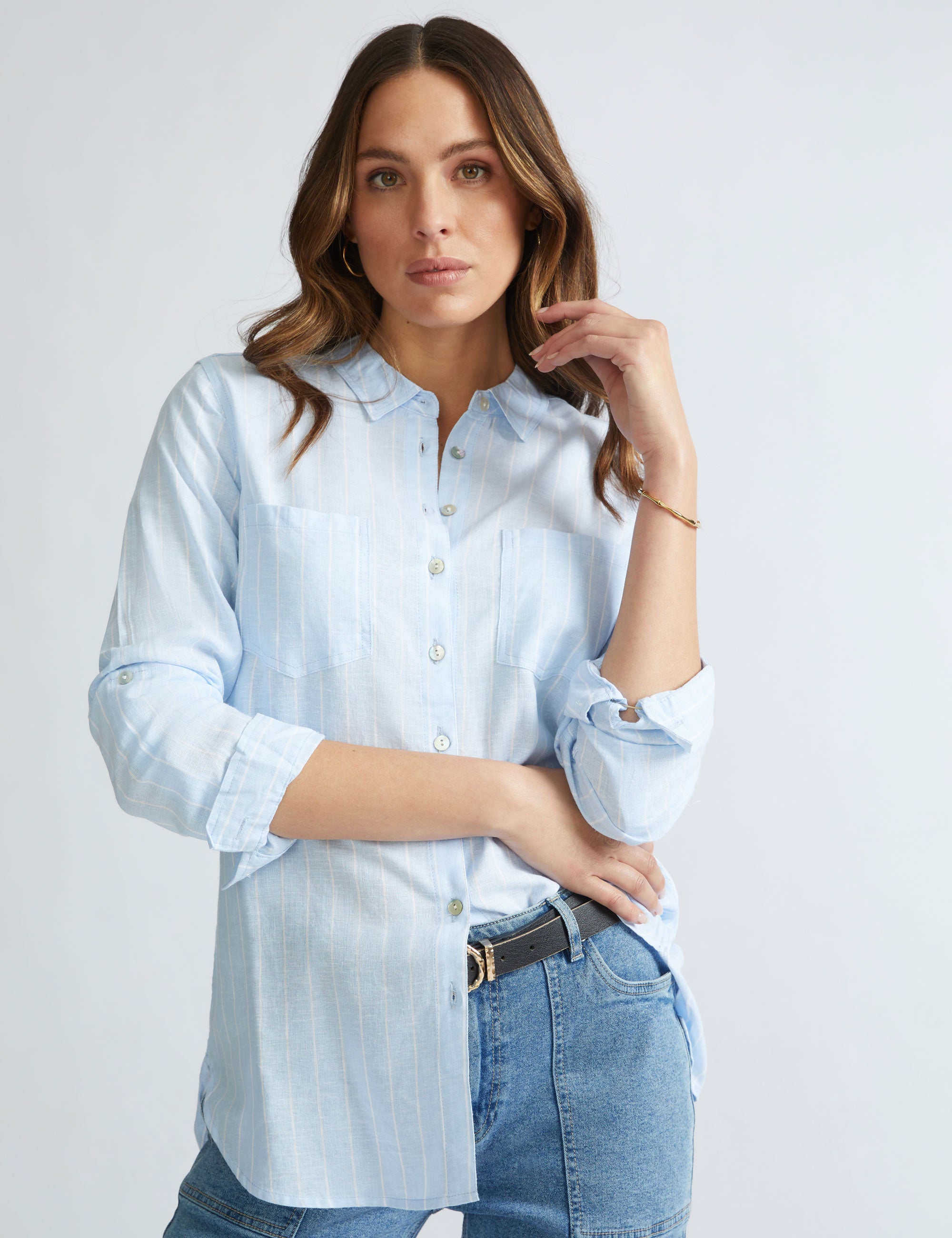 Katies Linen Blend Stripe Shirt | Katies