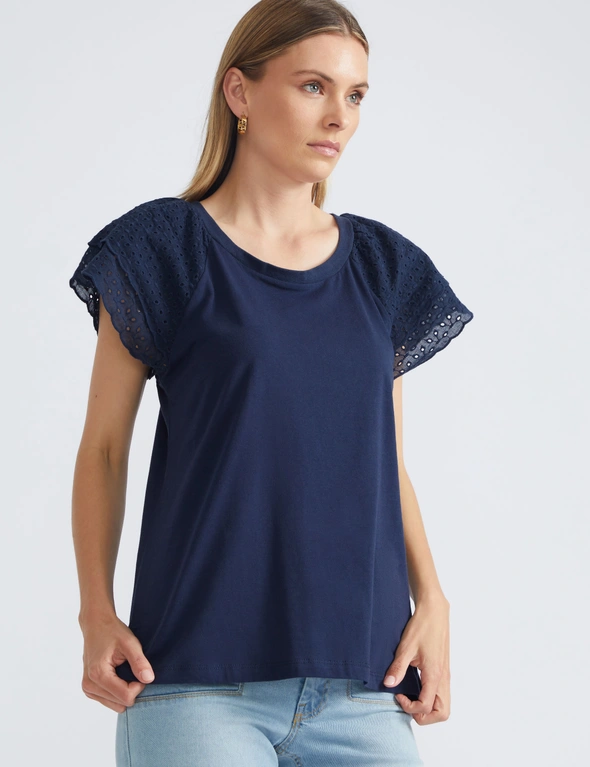 Katies Cotton Short Sleeve Broderie Lace Trim Top, hi-res image number null
