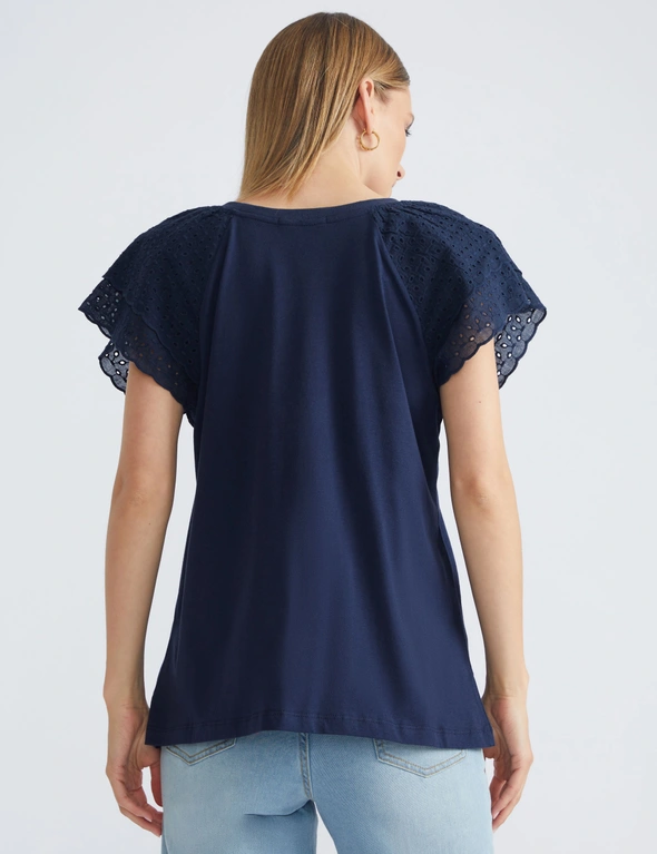 Katies Cotton Short Sleeve Broderie Lace Trim Top, hi-res image number null