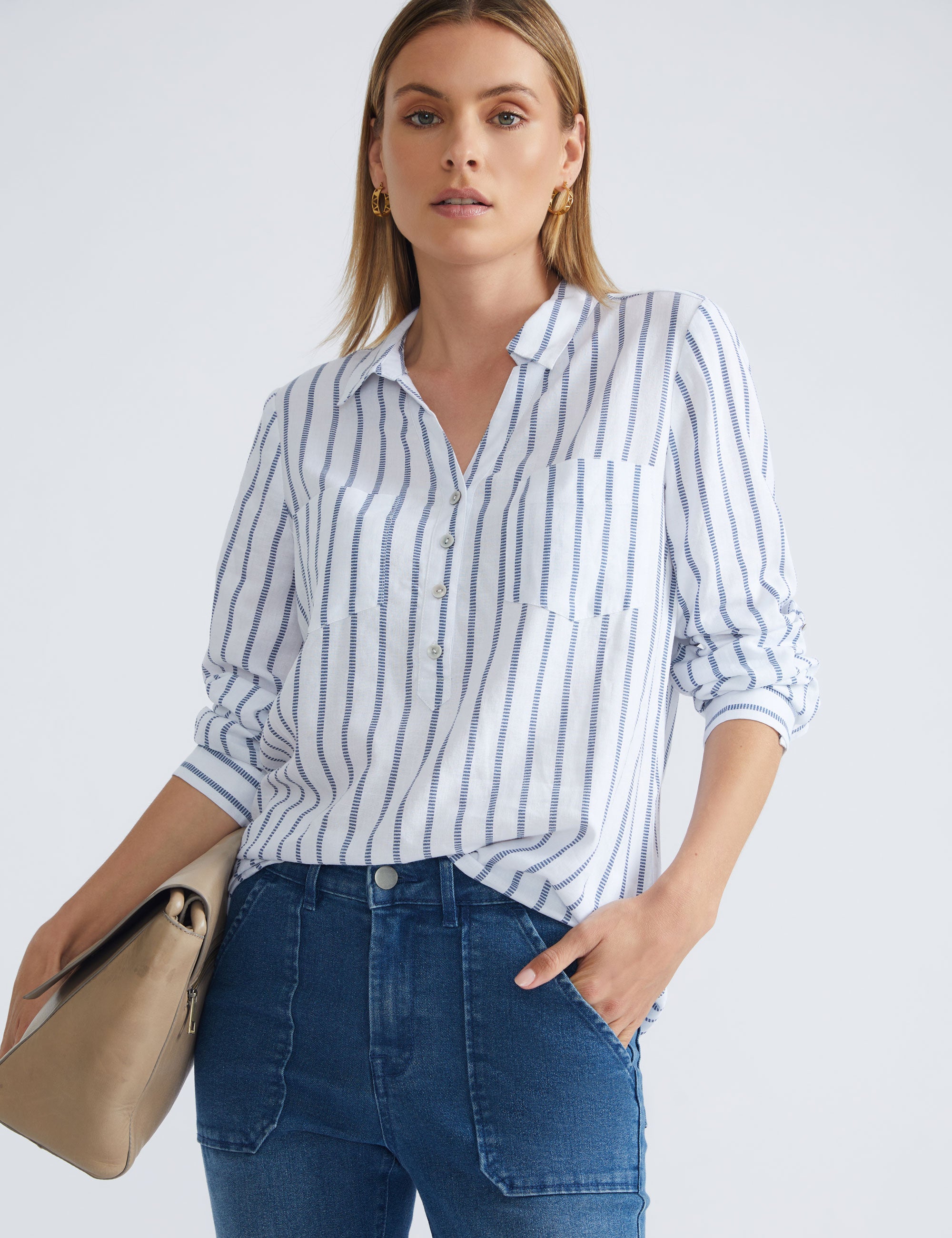 Katies 3Q Sleeve Stripe Linen Shirt | EziBuy NZ