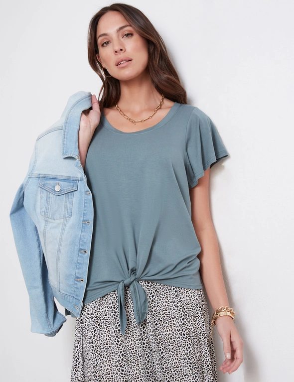 Katies Short Sleeve Tie Front Knit Top, hi-res image number null