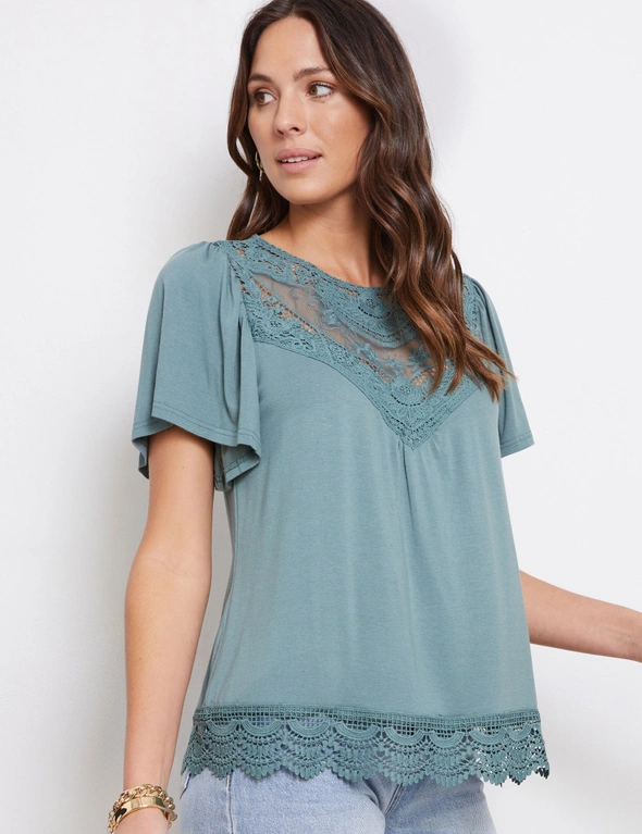 Katies Flutter Short Sleeve Lace Trim Knitwear Top, hi-res image number null